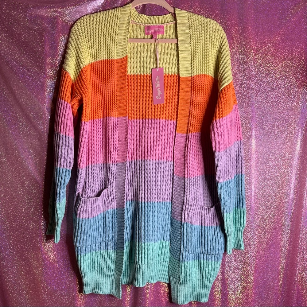 Sugar Thrillz Candy Pastel Rainbow Stripe Knit Cardigan
Sold Out Online!